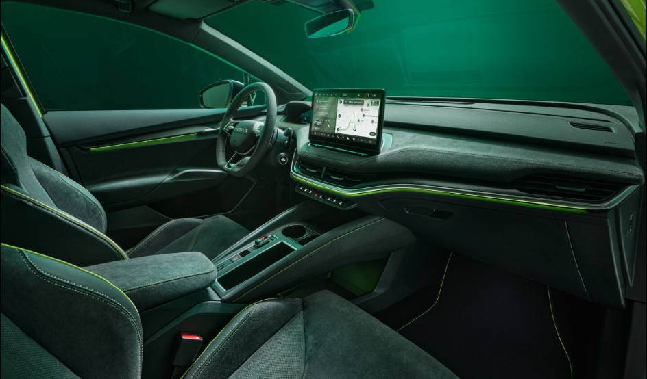 Skoda Elroq RS has 5-seater cabin with 3 spoke Multifunctional sporty steering wheels