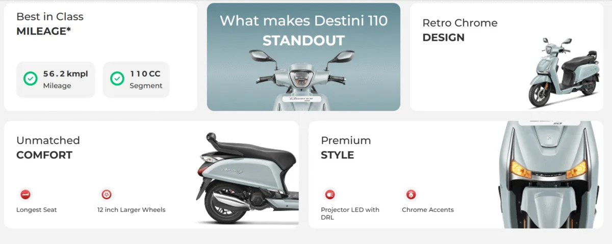 Destini 110 is powered by a 110.9 cc air-cooled, four-stroke Fuel Injection (FI) engine.