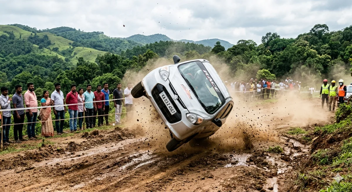 The car, identified as a Maruti Suzuki Alto, lost control at high speed before tumbling across the uneven track.
