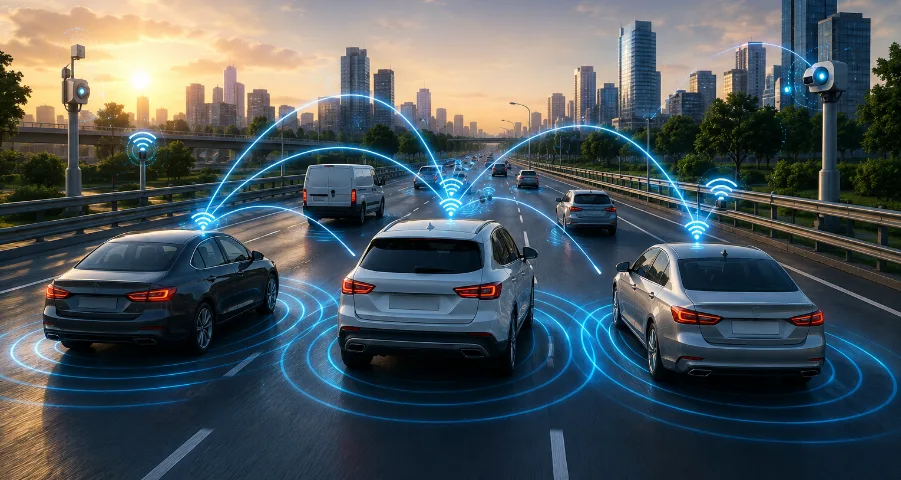 Visual Representatio of Vehicle-To-Vehicle Communication Technology