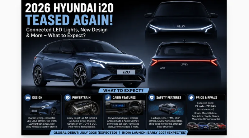 2026 Hyundai i20 Teased Again: Launch Timeline, Design, Features and Expected Price