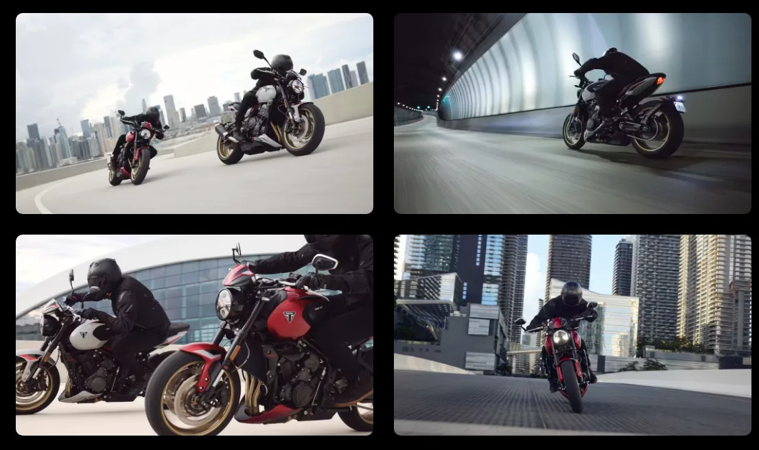 The Triumph Trident 800 follows the brand's modern roadster design language, with a muscular fuel tank, a round LED headlamp and a compact rear section.